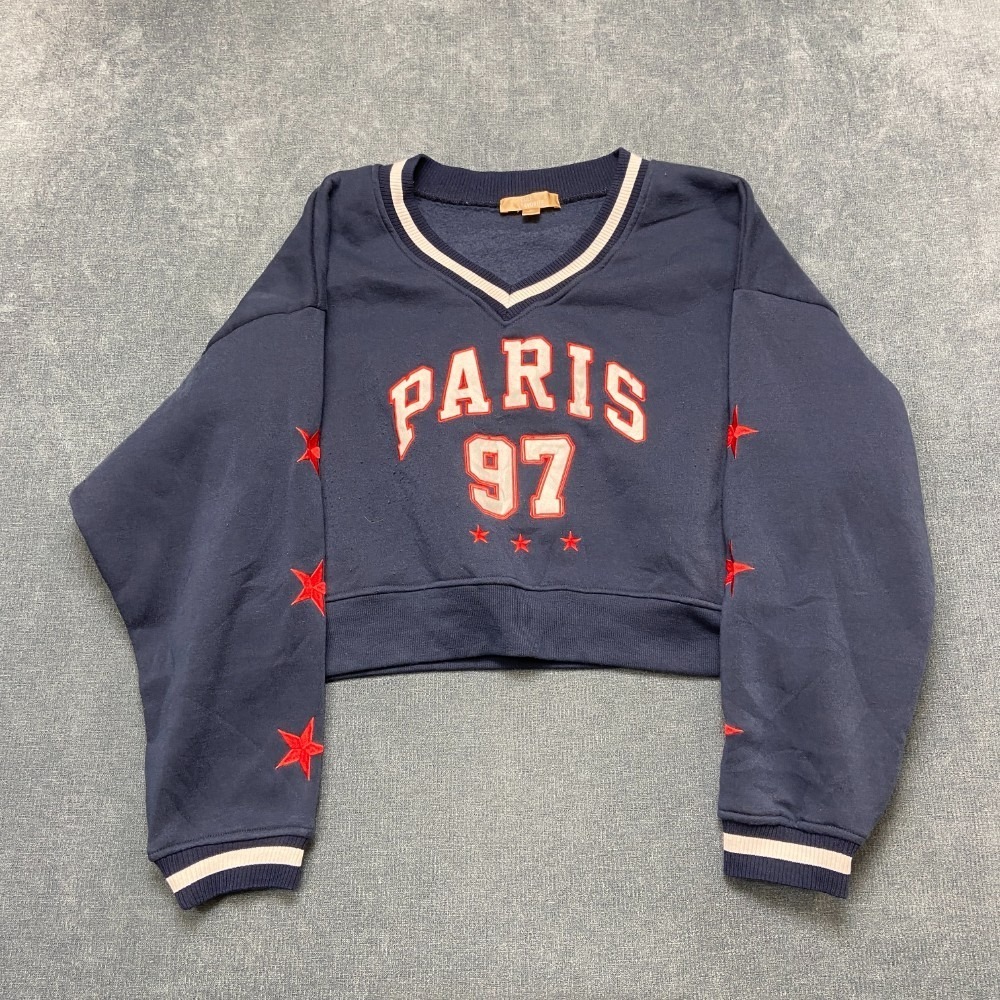 Cult Favorite Cropped Sweatshirt Womens M Navy Blue Spellout Logo Fleece Lined